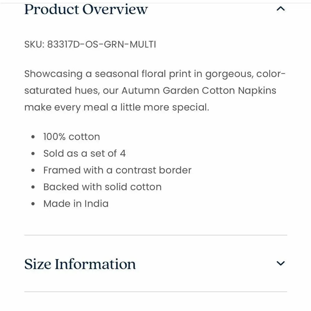 New The Company Store Fall Autumn 100% Cotton Napkins Set of 8